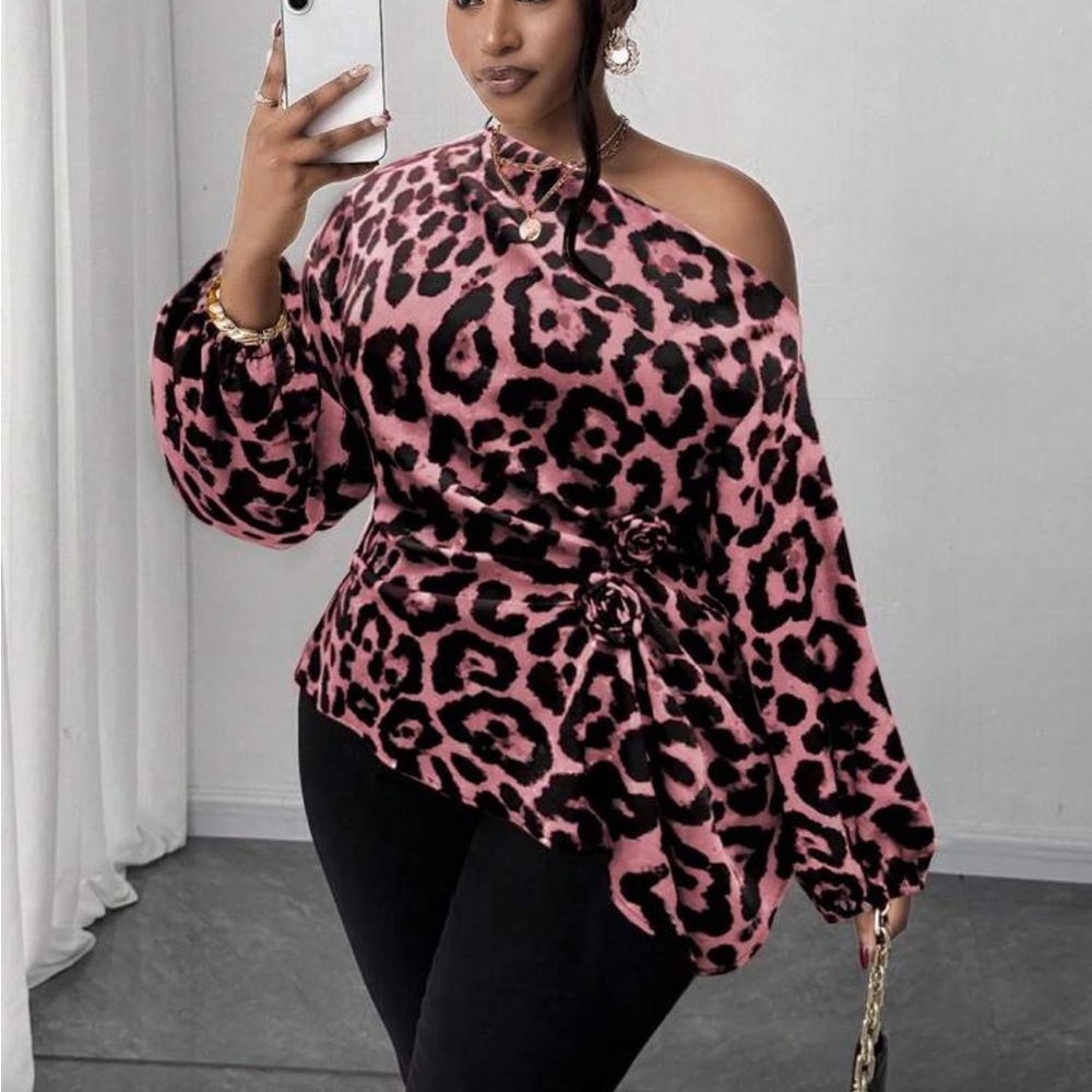 Plus Size Asymmetrical Off Shoulder Top Blouse Shirt Pink - Picture 16 of 16